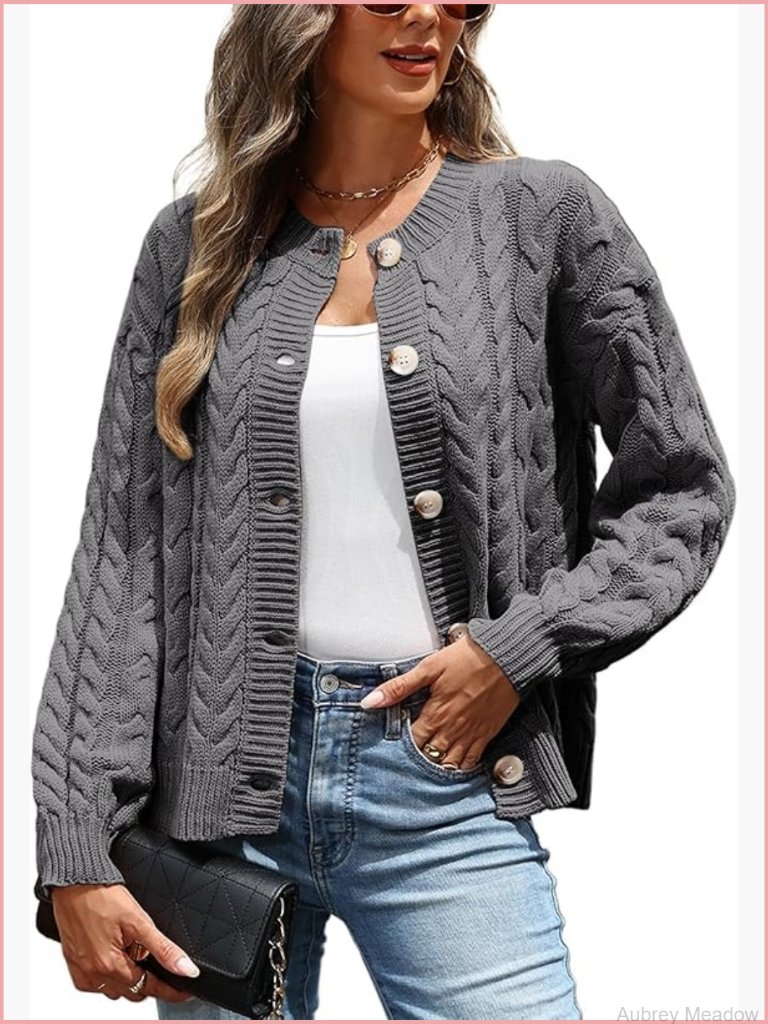 Casual Cable Knit Button Down Cardigan Long Sleeve Open Front Coat
